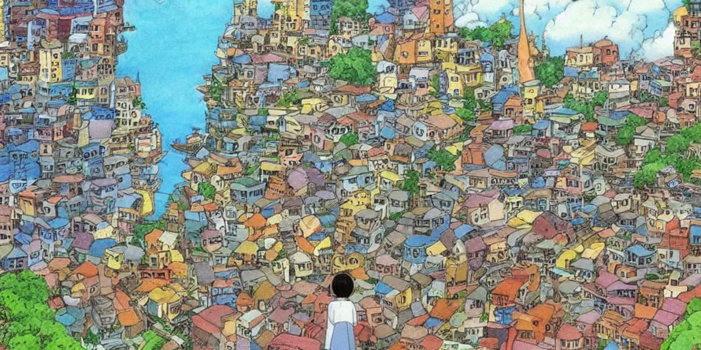 Image similar to cat looking at a sri lankan city, drawn by hayao miyazaki