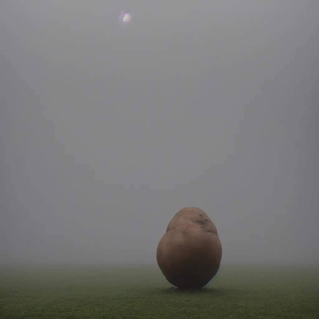 Image similar to soviet brutalism style, big sculpture of one potato in foggy field, very detailed, 4 k, professional photography