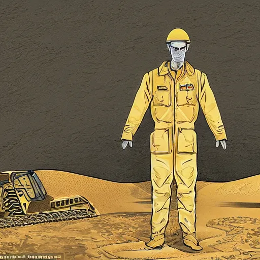 Image similar to in the distance, in the center of a large sand pit, there is a large golden ball in the sand, a broken excavator and a man in military uniform standing nearby, stylization of a book illustration, high - quality, depth of sharpness, focus on the object