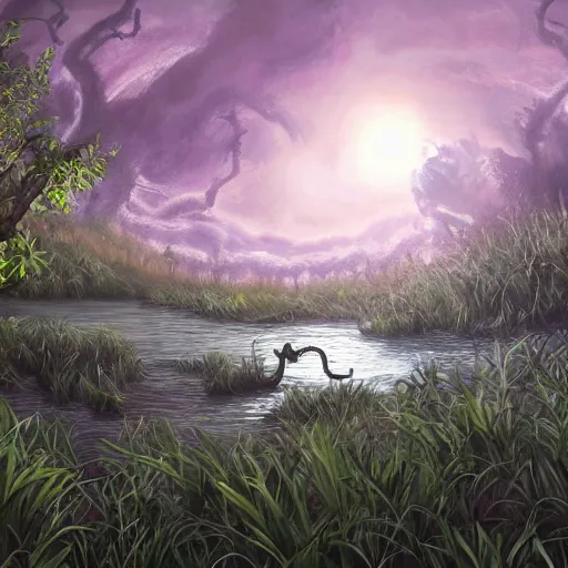 Image similar to a purple serpent with big white eyes in the marshes, mangroves, trending on artstation, 4 k, video game art, oil painting