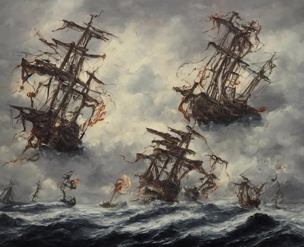 Image similar to oil painting of a kraken attacking a pirate ship