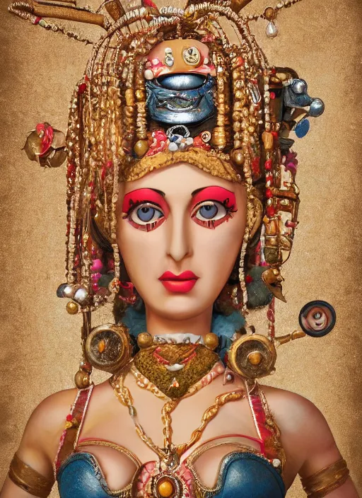 Prompt: closeup profile portrait of tin toy mata hari, bikini, depth of field, zeiss lens, detailed, symmetrical, centered, fashion photoshoot, by nicoletta ceccoli, mark ryden, lostfish, breathtaking, 8 k resolution, extremely detailed, beautiful, establishing shot, artistic, hyperrealistic, octane render