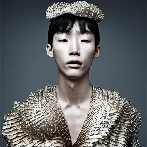 Prompt: a beautiful young korean male wearing iris van herpen couture, photographed by erwin olaf