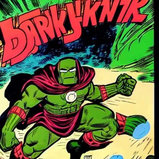 Image similar to doctor doom fighting off darkseid, art by jack kirby, steranko, ditko