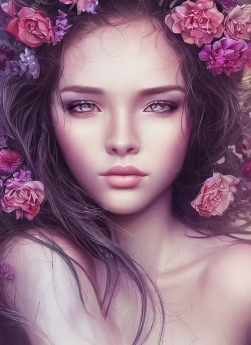 Image similar to beautiful, young woman, extremely detailed gorgeous face, looks realistic, hyper-detailed portrait, sad eyes tears, vaporwave aesthetic, synthwave, magical, fantasy, flowers, artist Artgerm i and WLOP