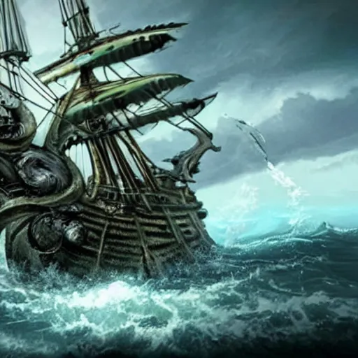 Prompt: kraken destroying a large galleon, ocean, photo realistic