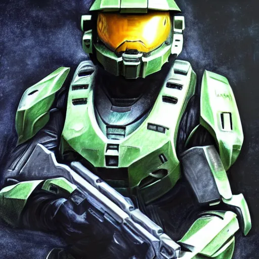 Image similar to master chief from halo, digital art, highly detailed, high contrast, beautiful lighting, award winning, trending on art station, photorealistic, 8 k,