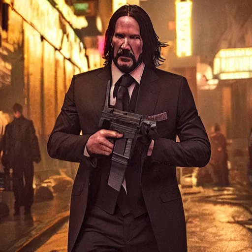 Image similar to john wick in cyberpunk city, night scene, highly detailed