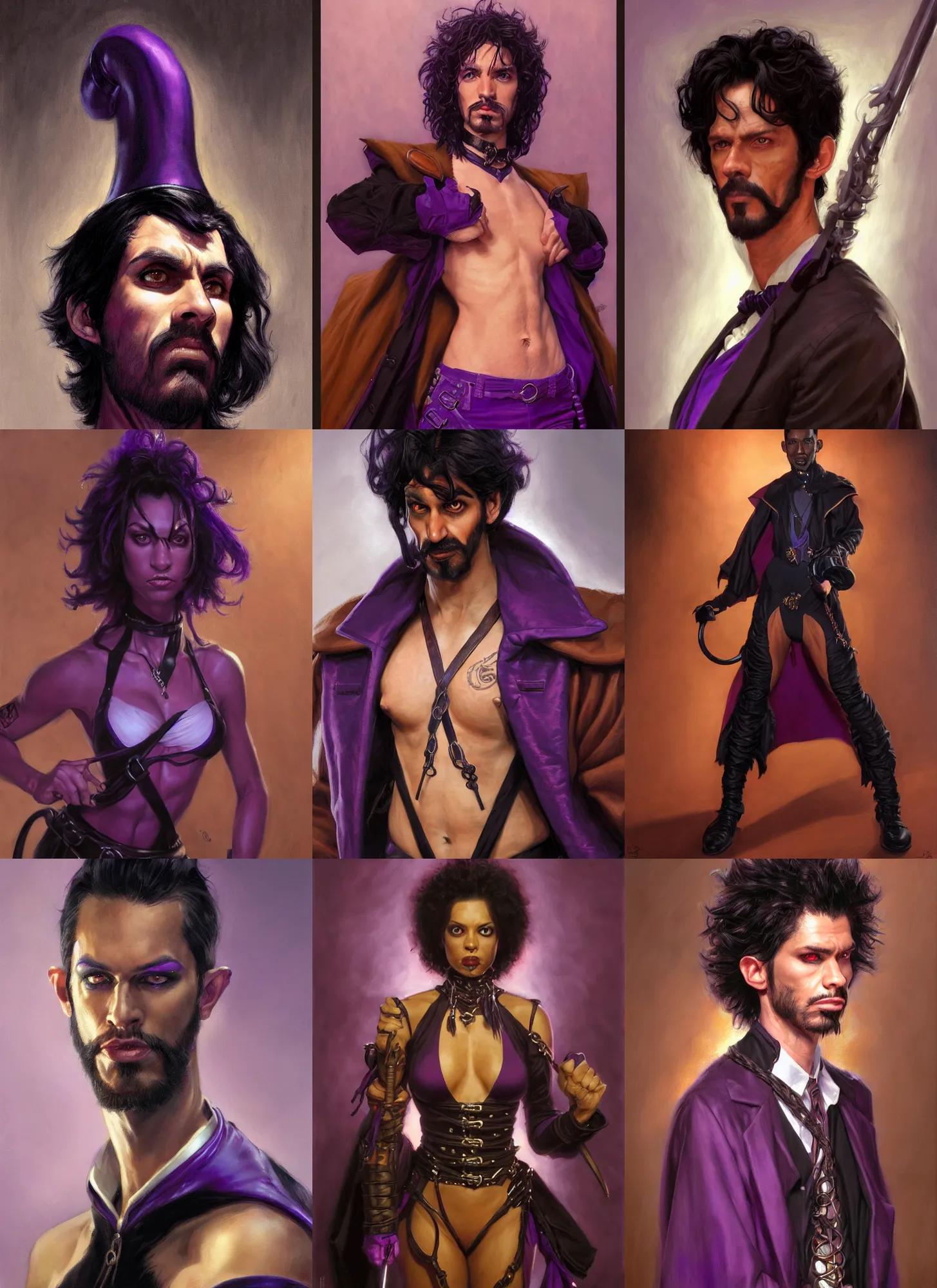 Prompt: portrait, a slender ringleader wearing purple and black, tan skin, black hair, goatee, style by donato giancola, wayne reynolds, jeff easley dramatic light, high detail, cinematic lighting, artstation, dungeons and dragons