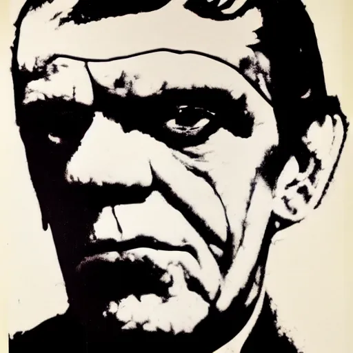 Image similar to boris karloff silk screen portrait by andy warhol, butcher billy style