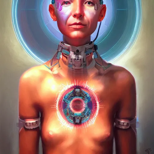 Prompt: portrait of a future metaverse cyborg tech shaman warrior by Mandy Jurgens, cartoon, oil painting , visionary art, symmetric, Magick symbols, holy halo, shipi bo patterns, sci-fi