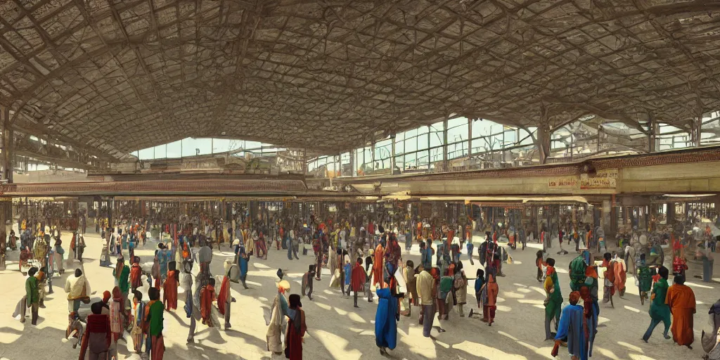 Image similar to establishing shot, interior of an india railway station, bustling with people, sharp focus, unreal engine, octane render, aesthetic