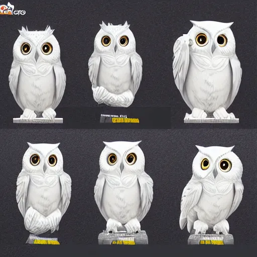 Image similar to realistic full body marble carving of chibi cute owl, highly detailed, intricate details, 3D-Coat design, Toon Boom render