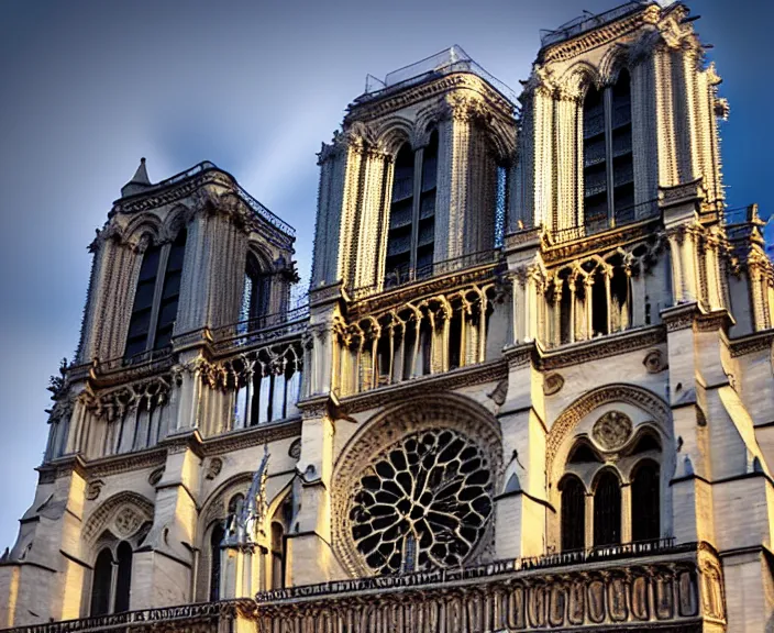 Image similar to 4 k hd, high detail photograph of notre dame cathedral, full colour, shot with sigma f / 4. 2, 2 5 0 mm sharp lens, wide shot, volumetric lighting, high level texture render