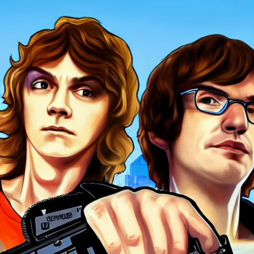 Prompt: Sneaky and Meteos GTA 5 cover art