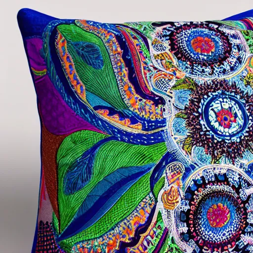 Image similar to a unique and amazing pillow, product shot, intricate, fine detail, full maximalist print, bright colours