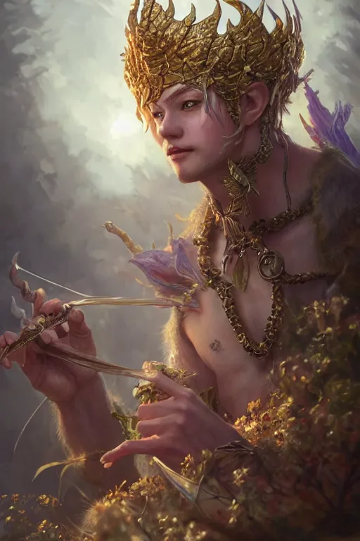 Image similar to fairy king, highly detailed, d & d, fantasy, highly detailed, digital painting, trending on artstation, concept art, sharp focus, illustration, global illumination, ray tracing, realistic shaded, art by artgerm and greg rutkowski and fuji choko and viktoria gavrilenko and hoang lap,