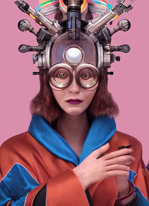 Image similar to an anthropomorphic beautiful female scientist portrait holding a science fiction sniper rifle wearing colourful robe, fine art, award winning, intricate, elegant, sharp focus, octane render, hyperrealistic, wizard hat cinematic lighting, highly detailed, digital painting, 8 k concept art, art by jamie hewlett and z. w. gu, masterpiece, trending on artstation, 8 k