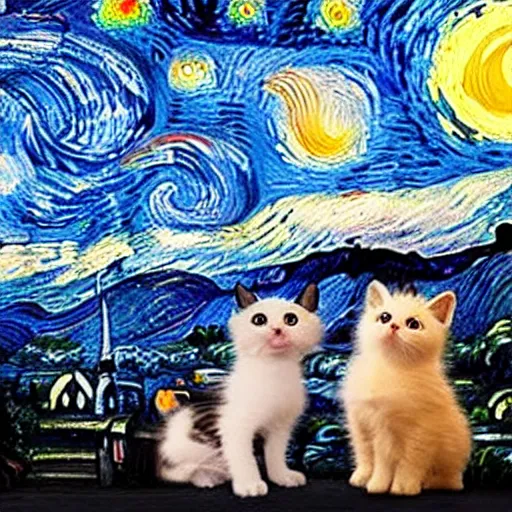 Image similar to kittens staring at moon in van goh a starry night