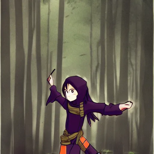 Prompt: a ninja in a moody forrest jumping, anime, steampunk, insanley detalied