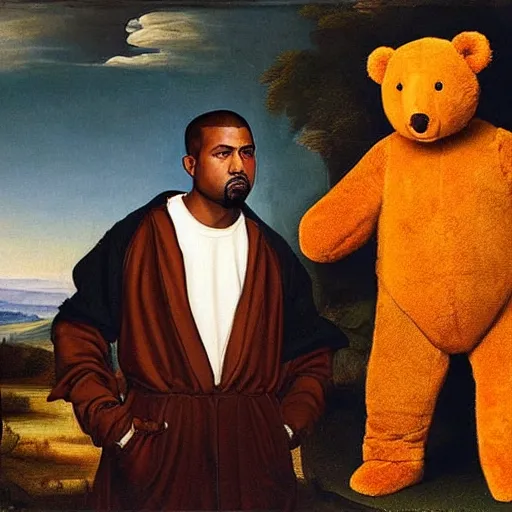 Image similar to A renaissance painting of Kanye West with a anthropomorphic Teddy Bear mascot, portrait, Wyoming in background,