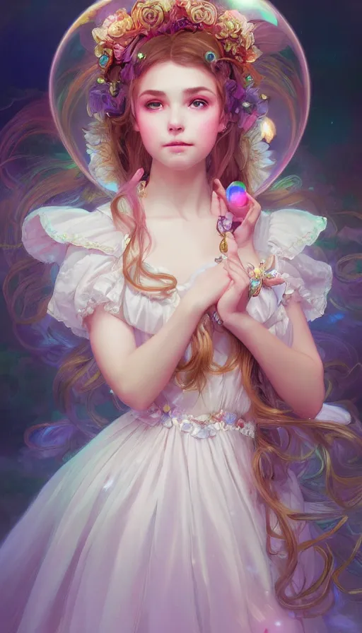 Image similar to portrait of magical lolita girl, dreamy and ethereal, (colour) eyes, peaceful expression, ornate frilly dress, fantasy, intricate, elegant, rainbow bubbles, highly detailed, digital painting, artstation, concept art, smooth, sharp focus, illustration, art by artgerm and greg rutkowski and alphonse mucha