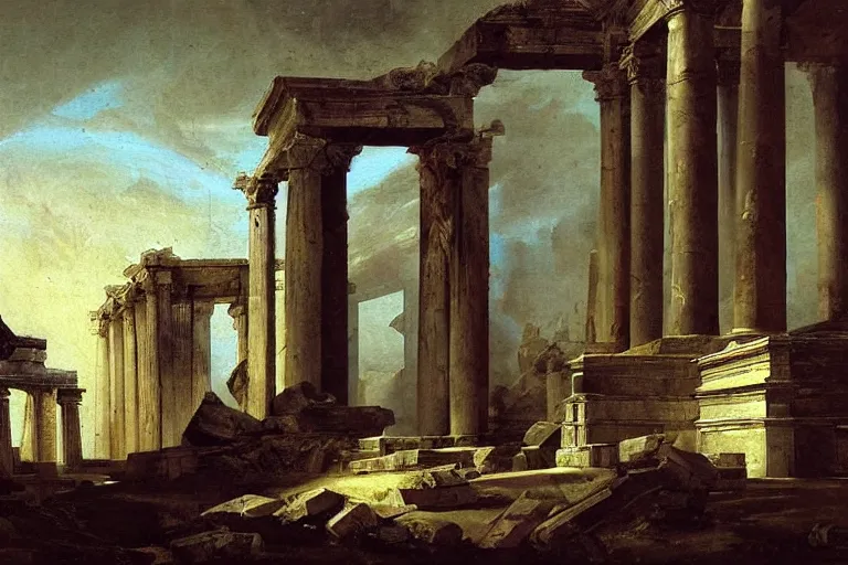 Image similar to starship painting spaceship crashed into rome temple by hubert robert detailed