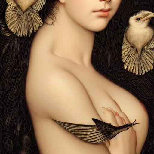 Image similar to highly detailed ilustration of a beautiful cute girl with birds, endless black hair, with pale skin, by nicola samuri, by dino valls, by m. w. kaluta, rule of thirds, seductive look, 4 k resolution
