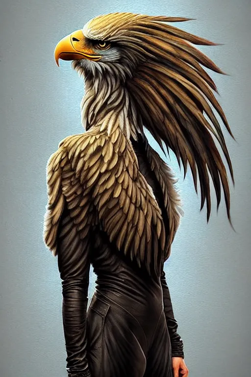Prompt: epic professional digital art of female human - eagle hybrid animal wearing air force jumpsuit, humanoid feathered head, eagle beak, painting, by artgerm, leesha hannigan, iris van herpen, artstation, cgsociety, wlop, epic, much wow, much detail, gorgeous, detailed, cinematic, masterpiece