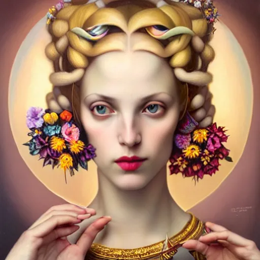 Image similar to centered portrait composition, woman with blonde hair full of spring flowers wearing ornate earrings, ornate gilded details, pastel colors, a surrealist painting by tom bagshaw and jacek yerga and tamara de lempicka and jesse king, wiccan, pre - raphaelite, featured on cgsociety, pop surrealism, surrealist, dramatic lighting