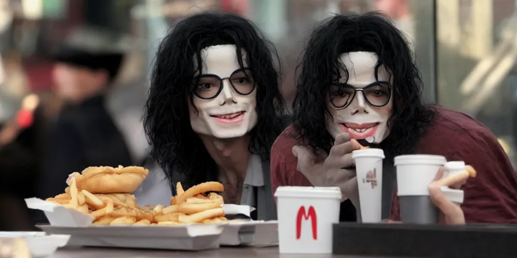 Prompt: Michael Jackson wearing glasses 2009, eats mcdonalds with childern ultra realistic, 4K, movie still, UHD, sharp, detailed, cinematic, render, modern