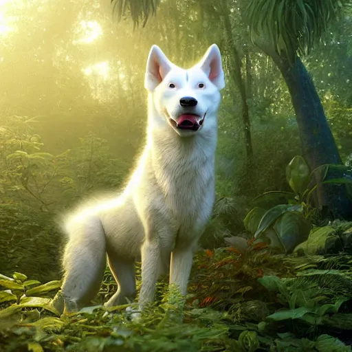 Prompt: white alaskan husky creature in a alaskan lush vegetation, warm tones : by michal karcz, guillermo del toro, daniel merriam, victo ngai and : ornate, dynamic, particulate, intricate, elegant, highly detailed, centered, artstation, smooth, sharp focus, octane render