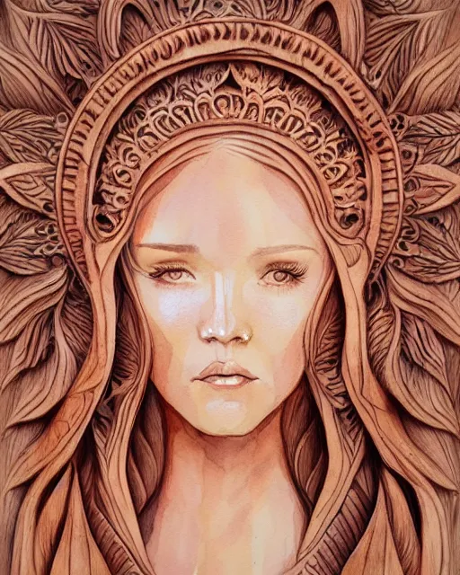 Image similar to watercolor portrait of a nature priestess, carved mahogany floral explosion, intricate carvings, artgerm, artstation