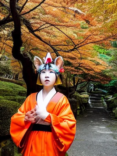 Image similar to full - color instagram photo of a cute young japanese girl cosplaying as a kitsune goddess doing a ritual dance in a windy inari shinto shrine in kyoto full of autumn leaves. she has fox - ears, a fox - tail, hands that are fox - paws, sharp fox - teeth, and a fox - nose. highly - detailed ; professional portrait photography.