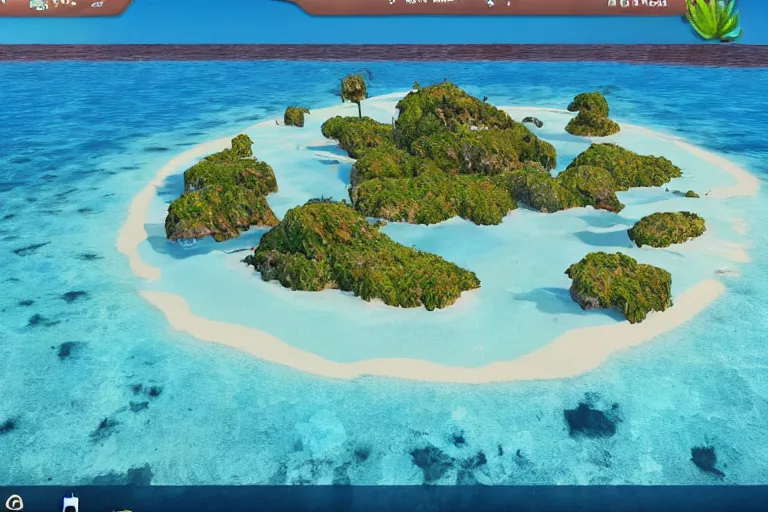 Prompt: A 90\'s 3D desert island paradise, crystal clear sea, screenshot