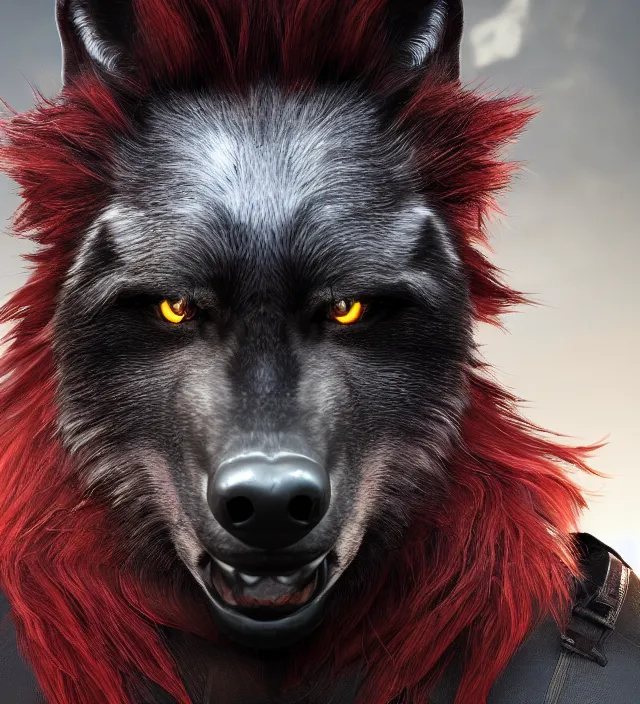 Image similar to portrait of a anthropomorphic black male wolf with red hair in star citizen, hyper detailed, digital art, trending in artstation, cinematic lighting, studio quality, smooth render, unreal engine 5 rendered, octane rendered, art style by pixar dreamworks warner bros disney riot games and overwatch.