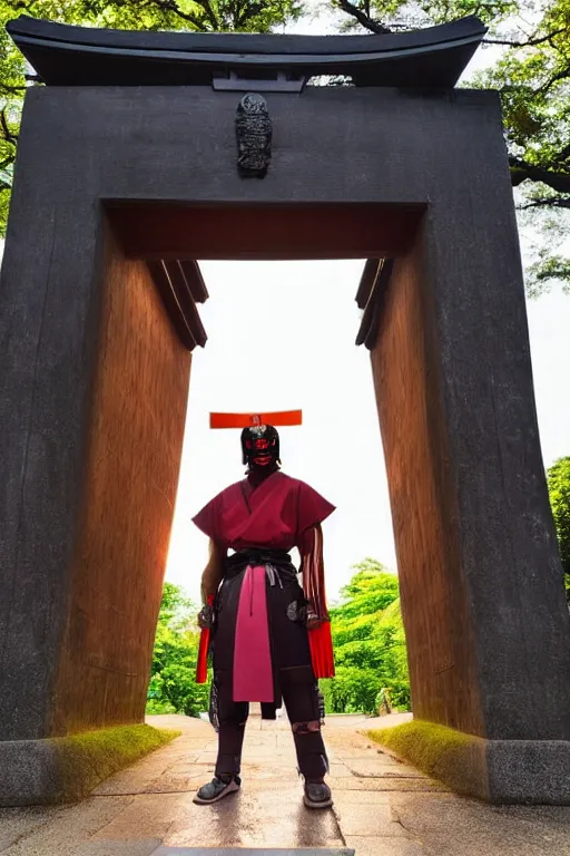 Prompt: a godlike and indomitable masked and helmeted samurai standing before a Torii gate with pride, the rising sun in the background. Photo realistic. Award winning. Ayahuasca, vibrant colors