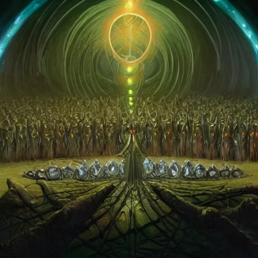 Prompt: a cylindrical quantum computer surrounded by a dark cabal of hooded elven mystics with long robes gathered in a circular formation, michael whelan art, dan seagrave art, cgsociety, artstation, epic scifi fantasy art