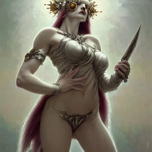 Image similar to an albino raccoon as the roman goddess of chaos!! intricate elegant, highly detailed, digital painting, artstation, concept art, smooth, sharp focus, illustration, art by ( ( ( artgerm ) ) ) and greg rutkowski! and ( ( alphonse mucha ) ), heavily influenced by frank frazetta and boris vallejo, sword and sorcery