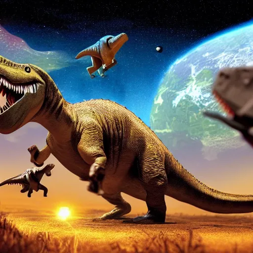 Image similar to dinosaurs living in space, realistic, detailed, precise, 4k