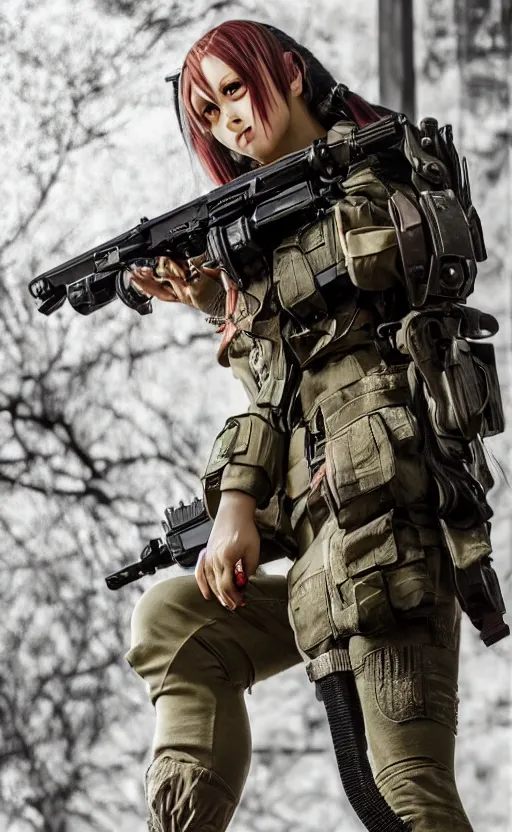 Prompt: an escalating violent firefight, highly detailed, high resolution, cosplay photo, stunning, girls frontline style, bokeh soft, 100mm, trending on instagram, by professional photographer, realistic human anatomy, real human faces, realistic military carrier, modern warfare, maid outfit, realistic weapon, shot with a arriflex 35 ii, low saturation, small human eyes, running pose