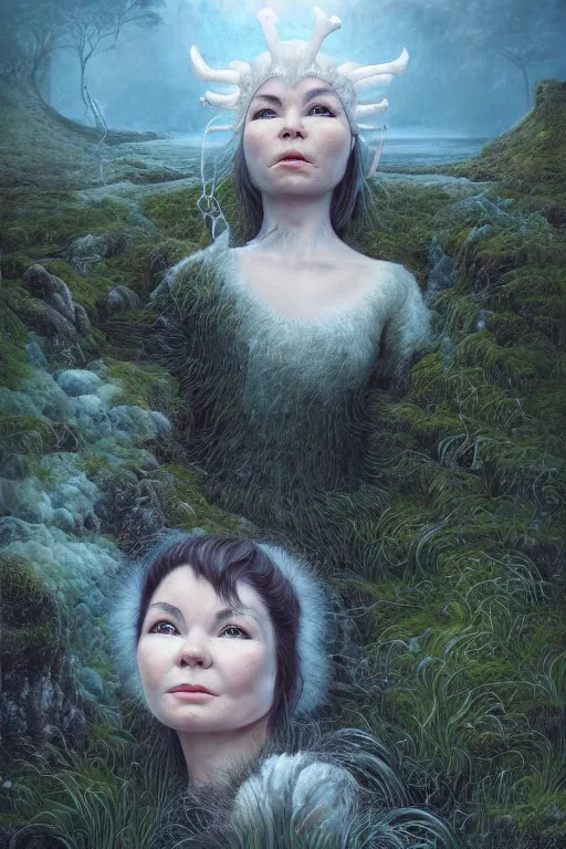 Image similar to beautiful bjork portrait in iceland by hubert robert and lee madgwick and roger dean and jacek yerka, dan mumford and alex grey style, soft lighting, 4 k hd wallpaper illustration concept joy atmospheric lighting