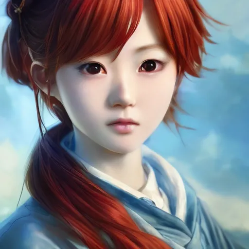 Image similar to ultra-detailed, HD semirealistic anime CG concept art digital painting of a redhead close-up Japanese schoolgirl, by a Chinese artist at ArtStation, by Huang Guangjian, Fenghua Zhong, Ruan Jia, Xin Jin and Wei Chang. Realistic artwork of a Chinese videogame, gentle an harmonic colors.