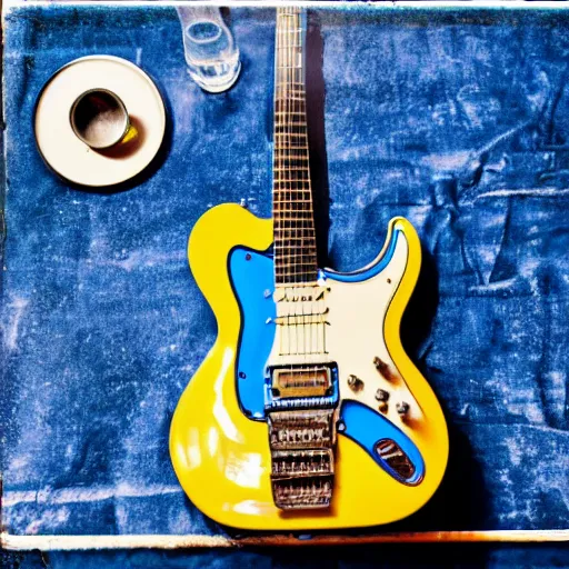 Prompt: a blue electric guitar on a table with a barbecue plate and a beer can. polaroid. 1/200 sec ISO 50. f/5.6 with artificial light