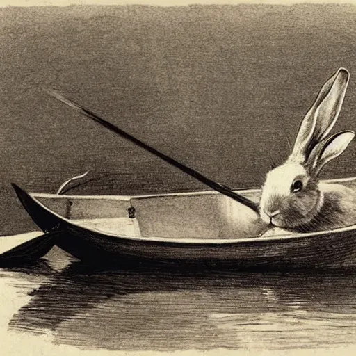 Prompt: a rabbit sitting in a rowboat in the style of Anders Zorn