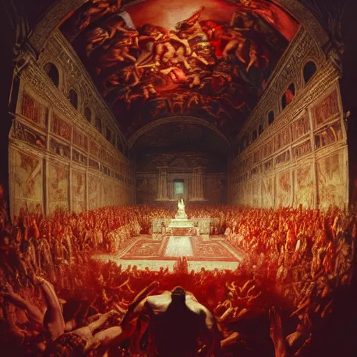 Image similar to the sistine chapel's ceiling is broken is half as a red magical portal from hell opens up, lucifer morningstar emerges along with a few demons, the priests and the pope look at the scene with terror in their eyes. highly detailed painting by gaston bussiere, greg rutkowski, craig mullins 8 k