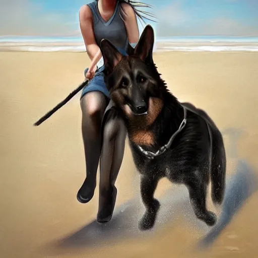 Image similar to girl riding a giant German shepherd at the beach, trending on artstation