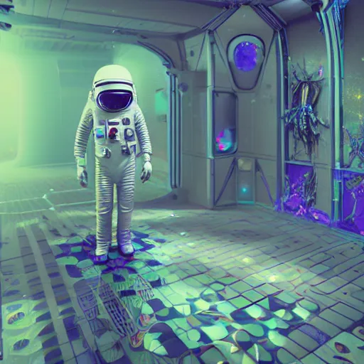 Prompt: creepy astronaut, cosmic horror, abstract, ghostly, arcade, duotone, poltergeist, lets get weird, intricate, elegant, highly detailed, smooth, sharp focus, unreal engine 5, raytracing, in the style of beeple and mike winkelmann, ultraviolet colors,