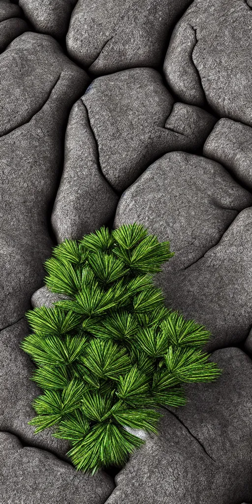 Prompt: cedar growing out of rock of swarovski crystals, velvet background, macro photography, 8 k, unreal engine, octane render, hyperrealistic, rim light, rtx