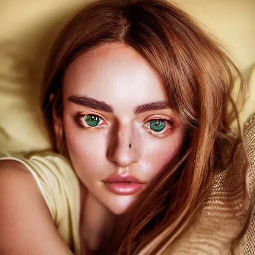 Image similar to intricate crisp portrait of a cute thin young woman, light bronze brown hair, very detailed emerald green eyes, red blush, light freckles, soft smile, casual clothes, relaxing on the couch, home interior, golden hour, close up shot, 8 k, art by irakli nadar, hyperrealism, hyperdetailed, ultra realistic